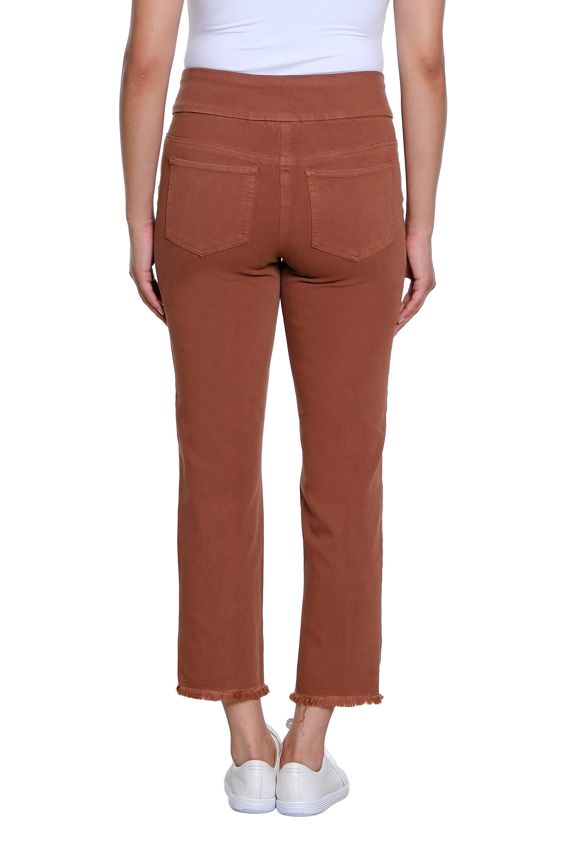 Pull On 5-Pocket Fringe Hem Woven Ankle Pant - Cocoa - view 2