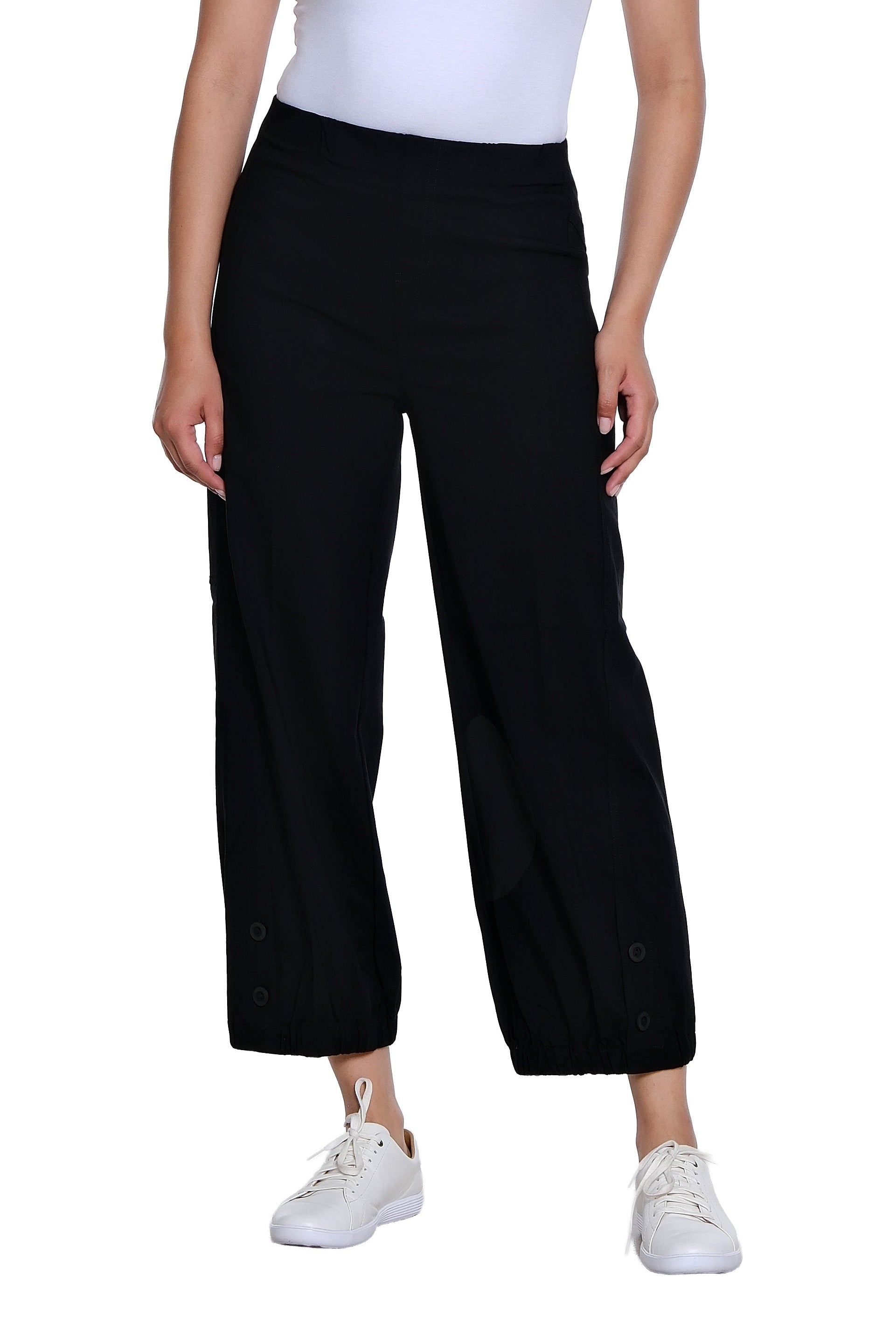 Elastic Waist Faux Button Vent Elastic Hem Wide Leg Woven Crop Pant - Black