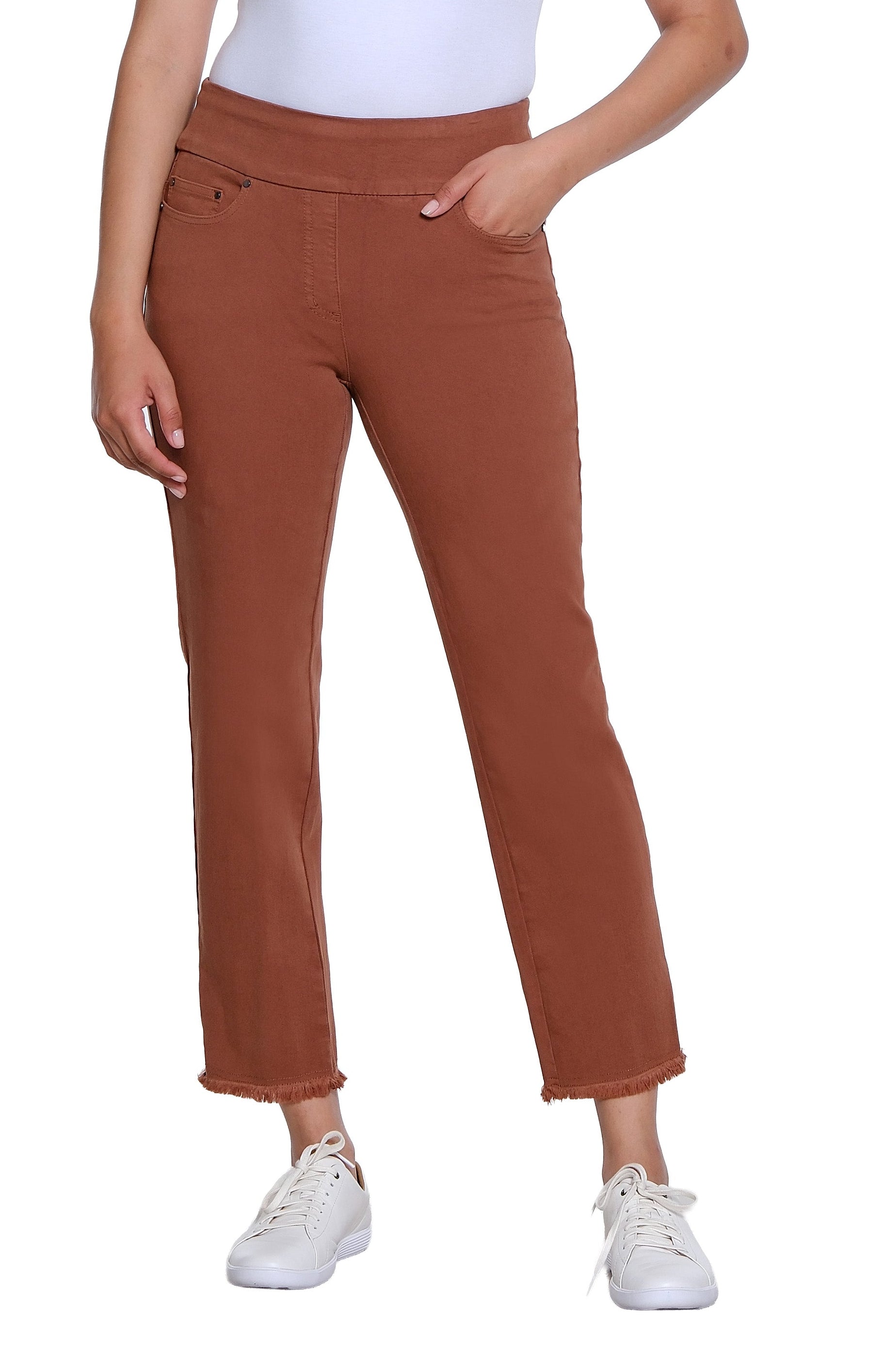 Pull On 5-Pocket Fringe Hem Woven Ankle Pant - Cocoa