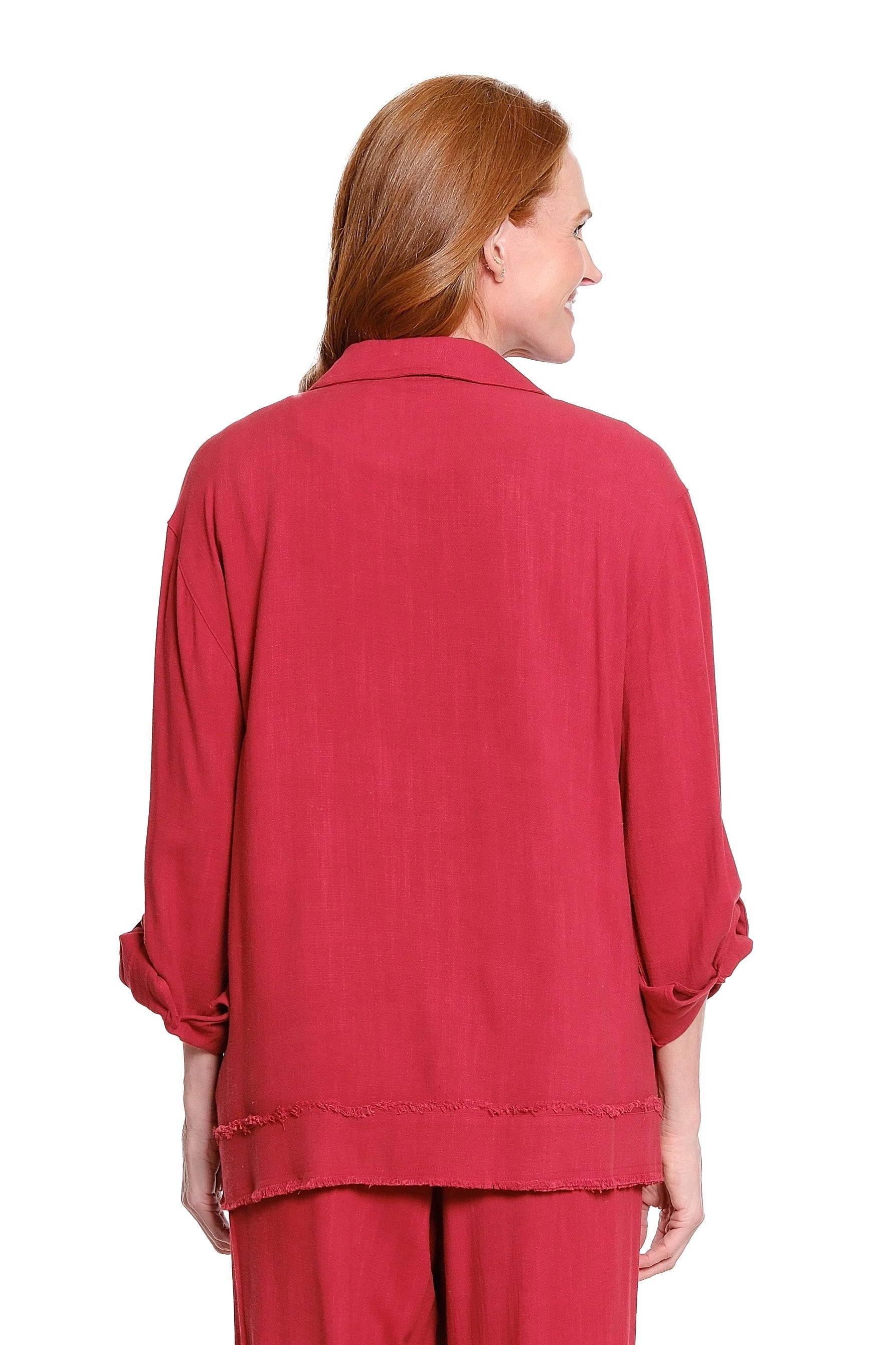 Roll Tab Cuffed Long Sleeve 1-Pocket Button Front Fringe Trim Woven Shirt - Brick - view 2