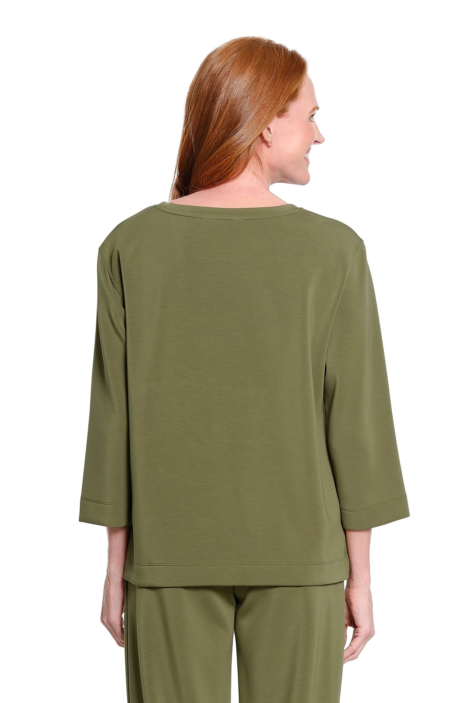 3/4 Sleeve Drop Shoulder Wide Neck Hi-Lo Knit Top - Olive - view 2