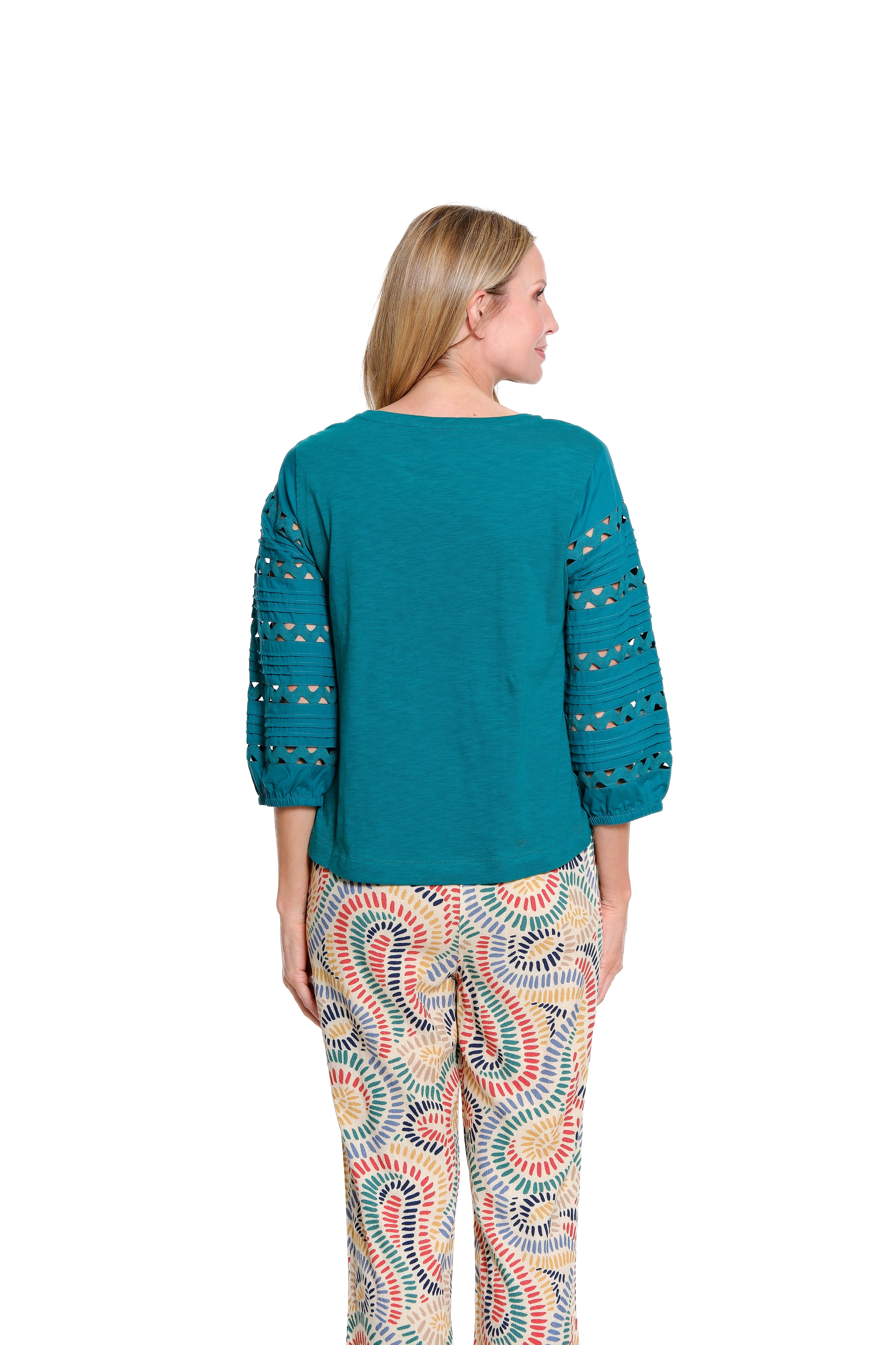 3/4 Multi-Tuck Sleeve Scoop Neck Knit Top with Ric-Rac Trim - Deep Green - view 2