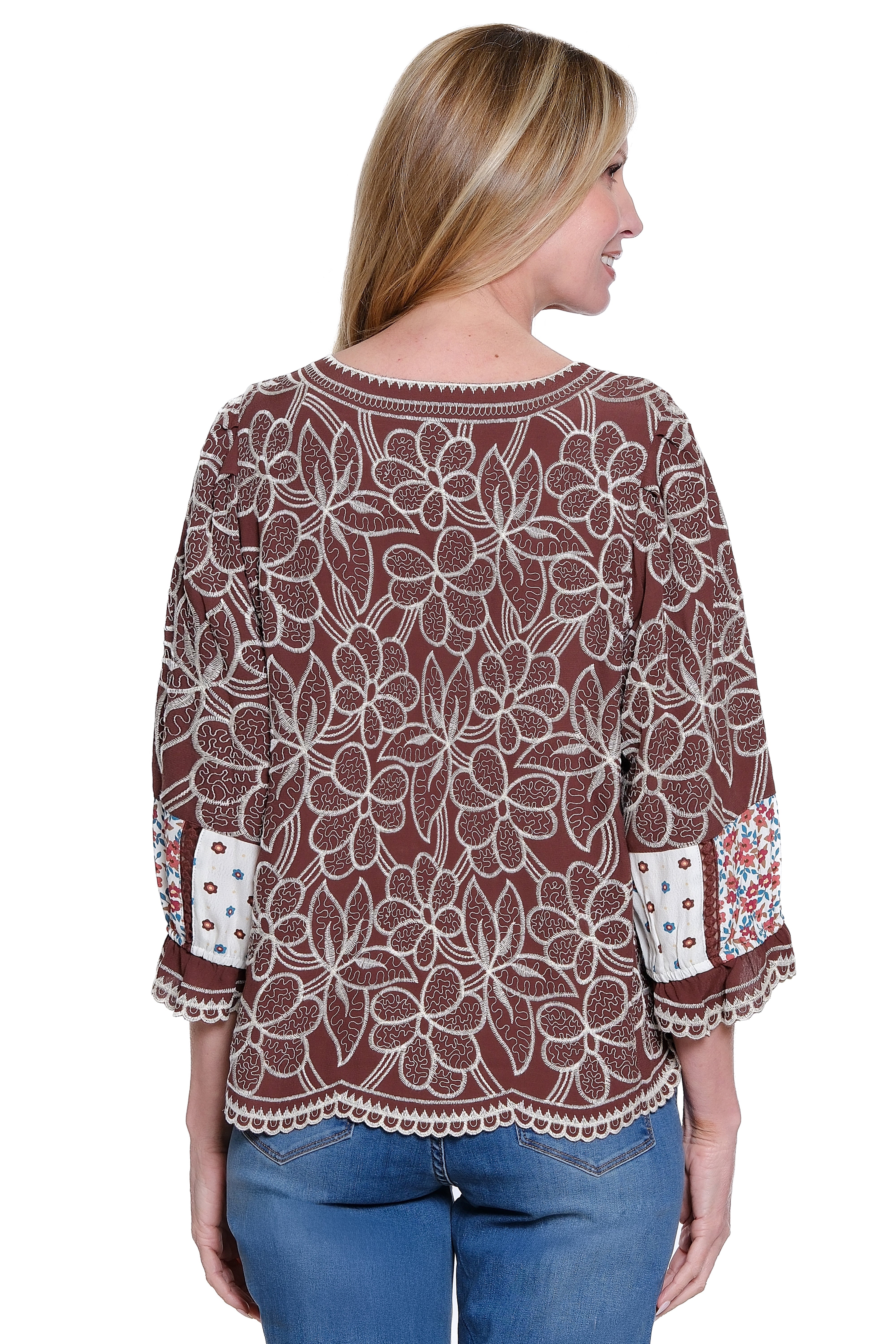Embroidered 3/4 Sleeve Popover Top - Deep Brown - view 2