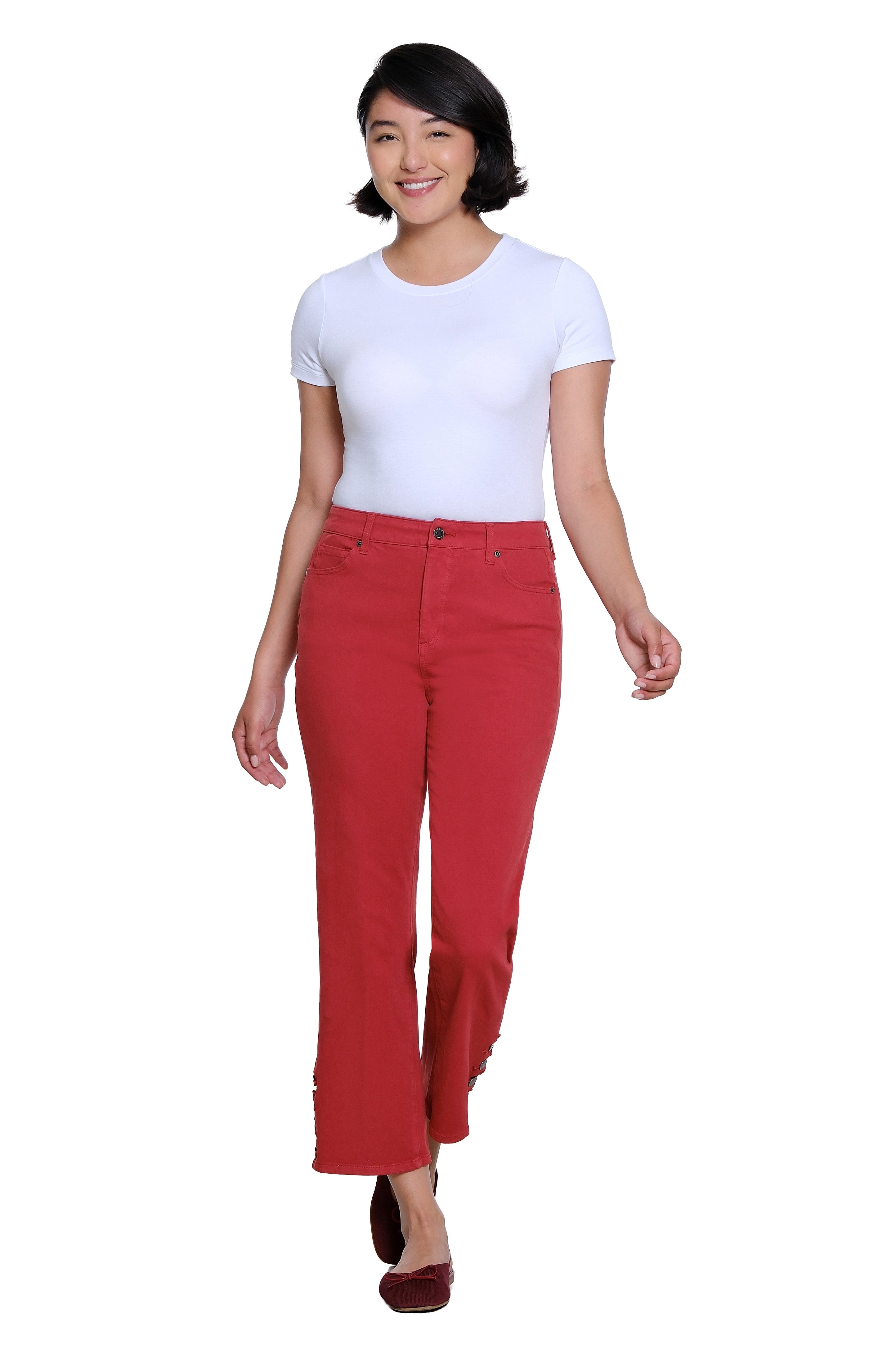 Zip and Button Front 5-Pocket Scallop Hem Vent Woven Crop Pant - Brick