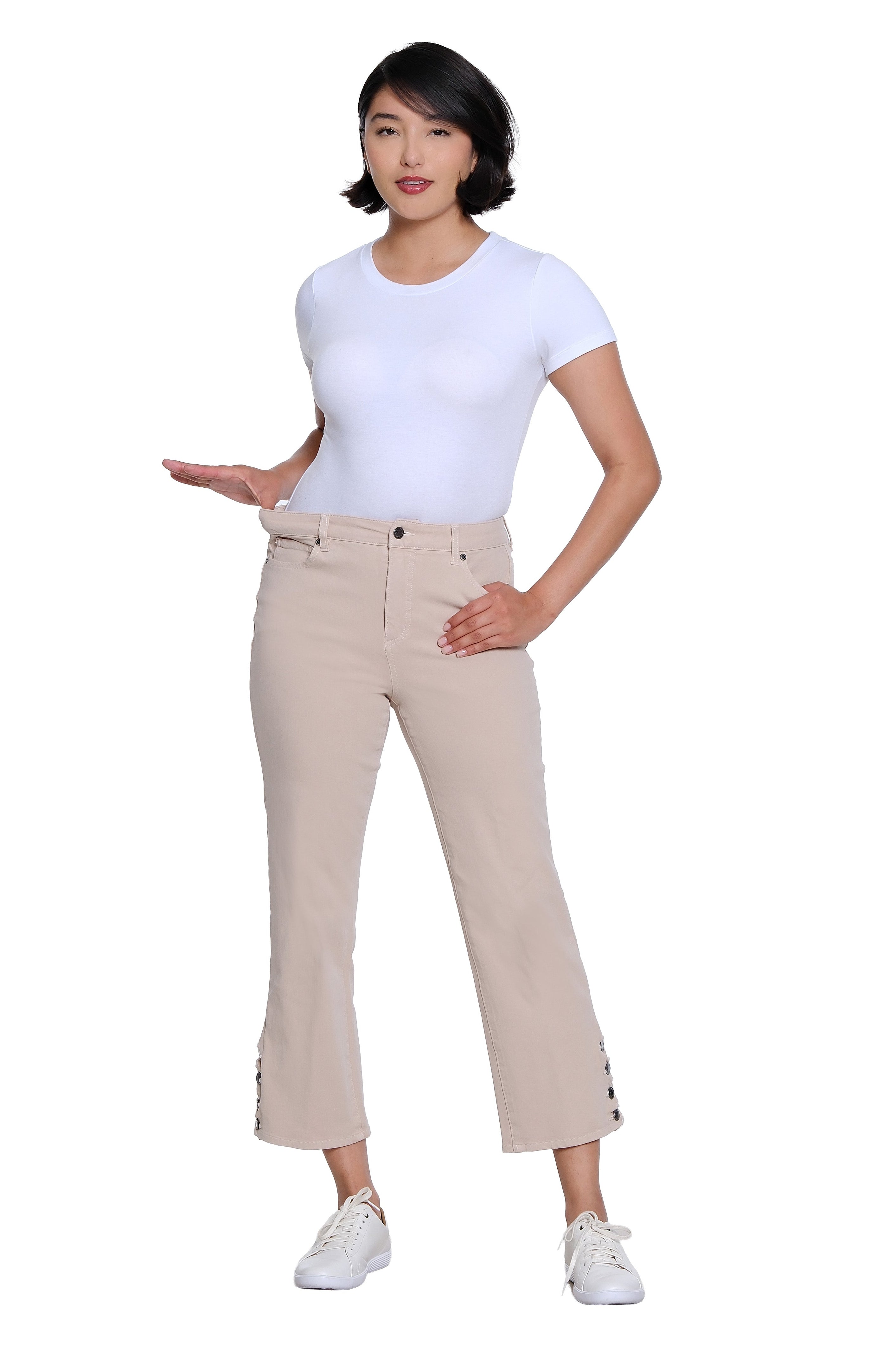 Zip and Button Front 5-Pocket Scallop Hem Vent Woven Crop Pant - Natural