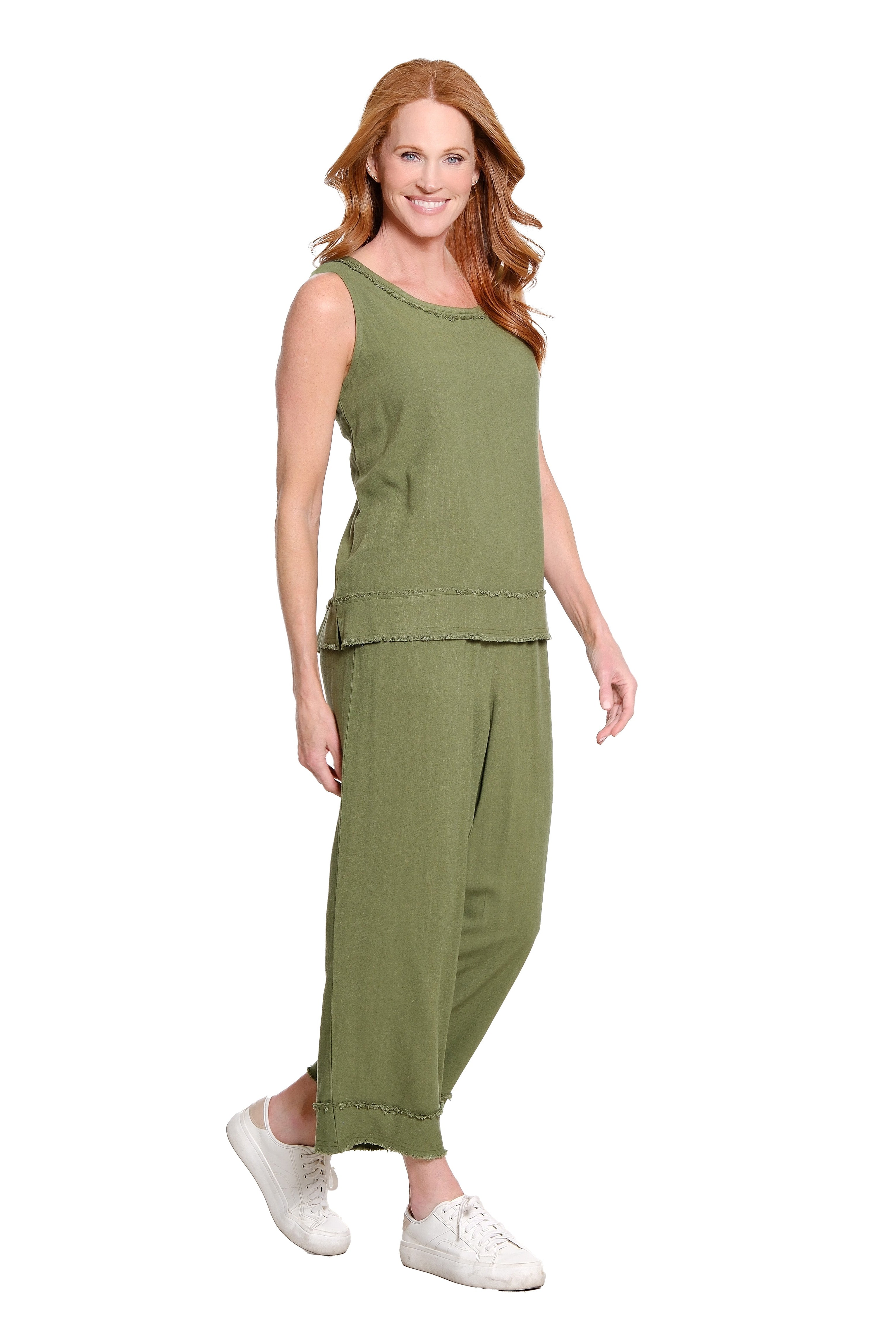Woven Tank with Fringe Trim Bands - Olive