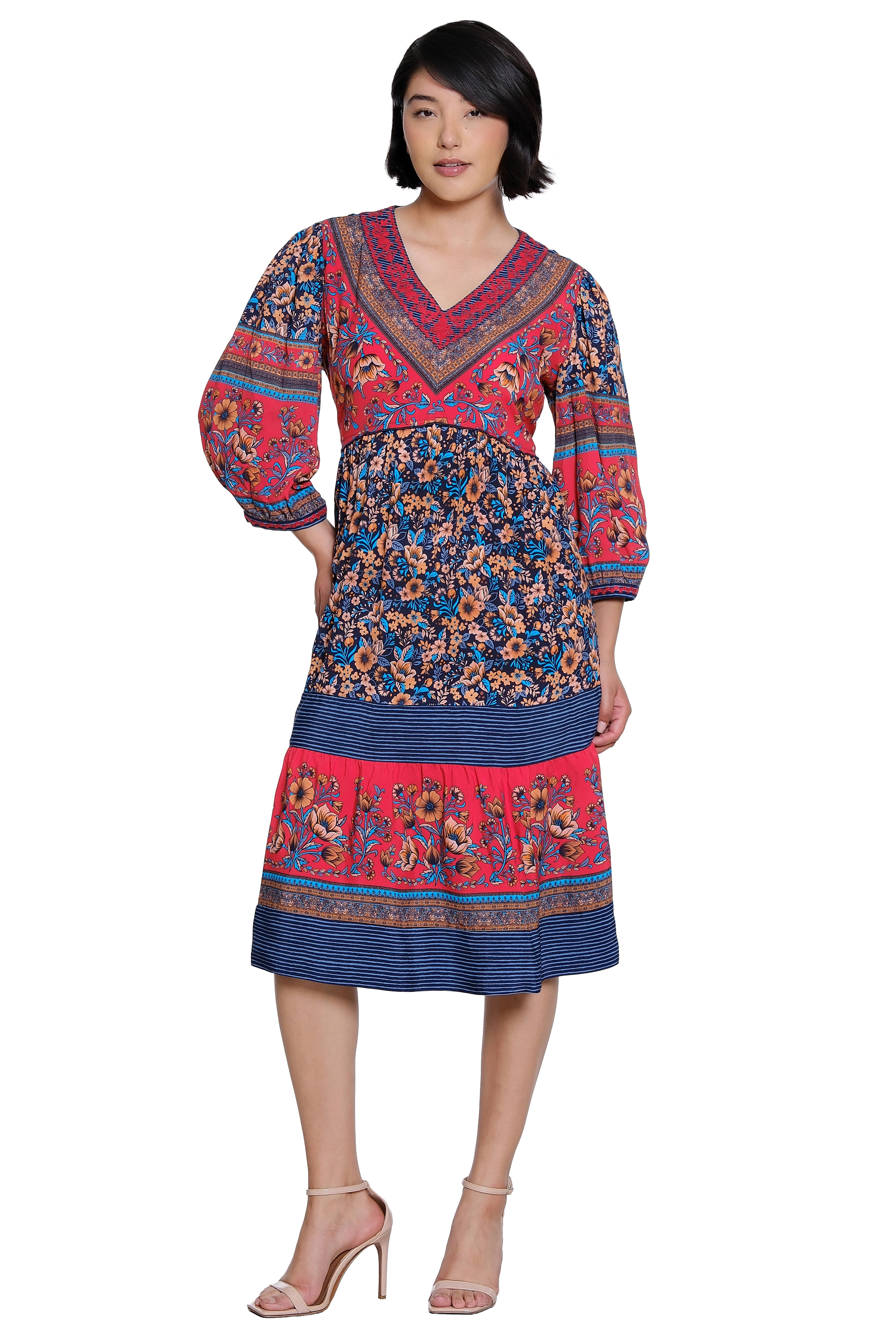 Mix Print 3/4 Sleeve Dress with Embroidery and V-Neck - Floral Multi