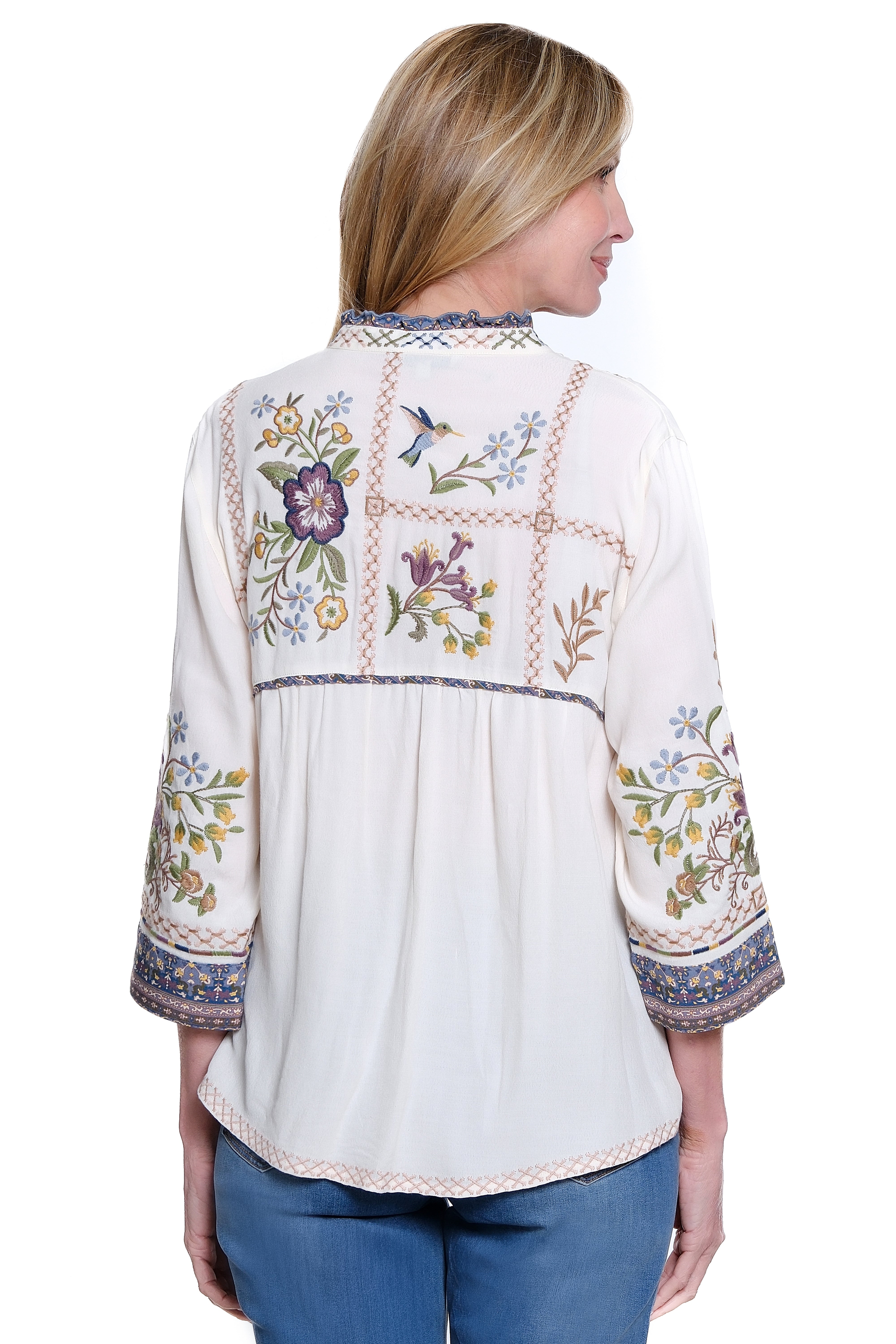 Embroidered 3/4 Sleeve Button Down Blouse with Ruffle Neck - White Blue - view 2