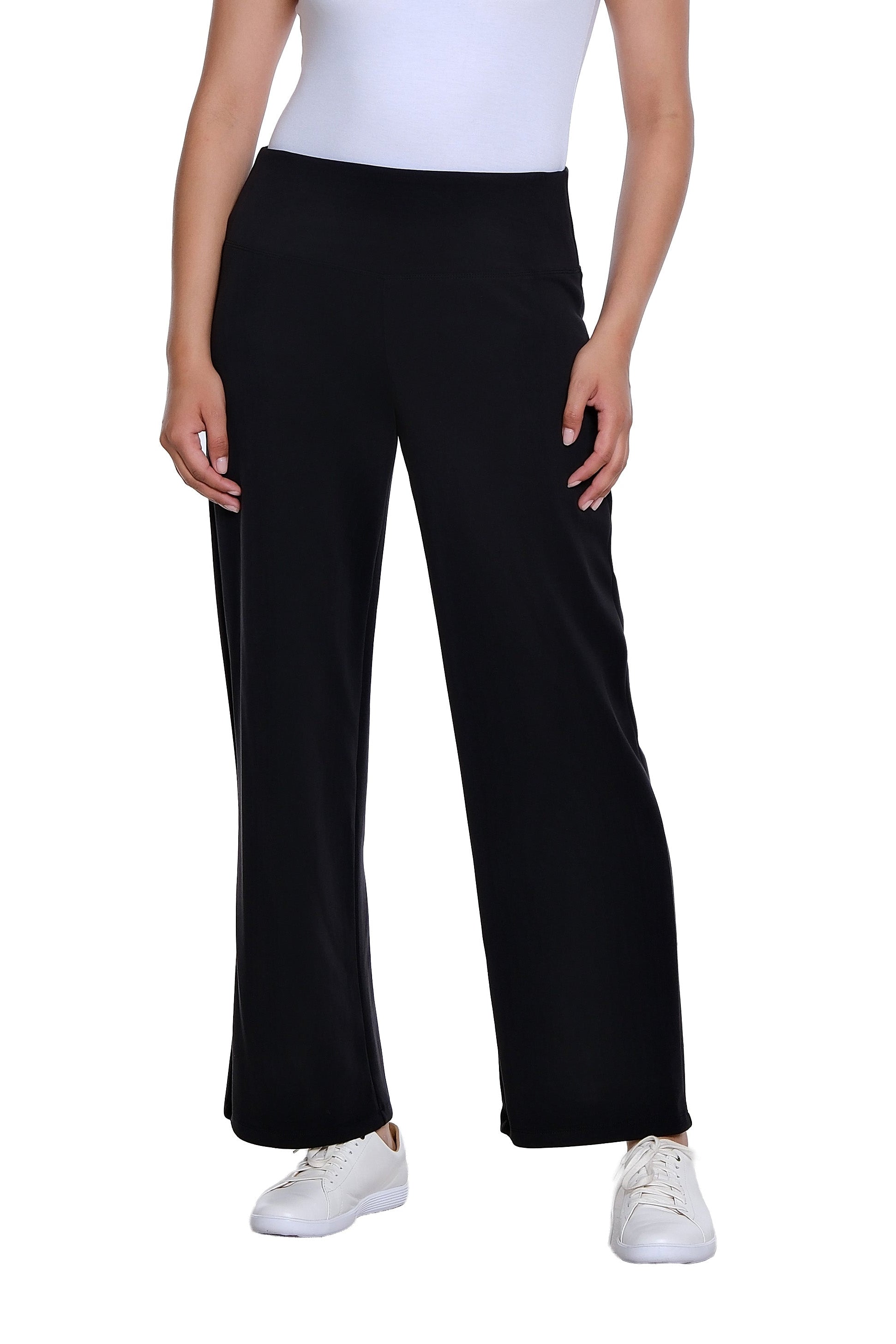 Wide Band Pull On Wide Leg Knit Ankle Pant - Black