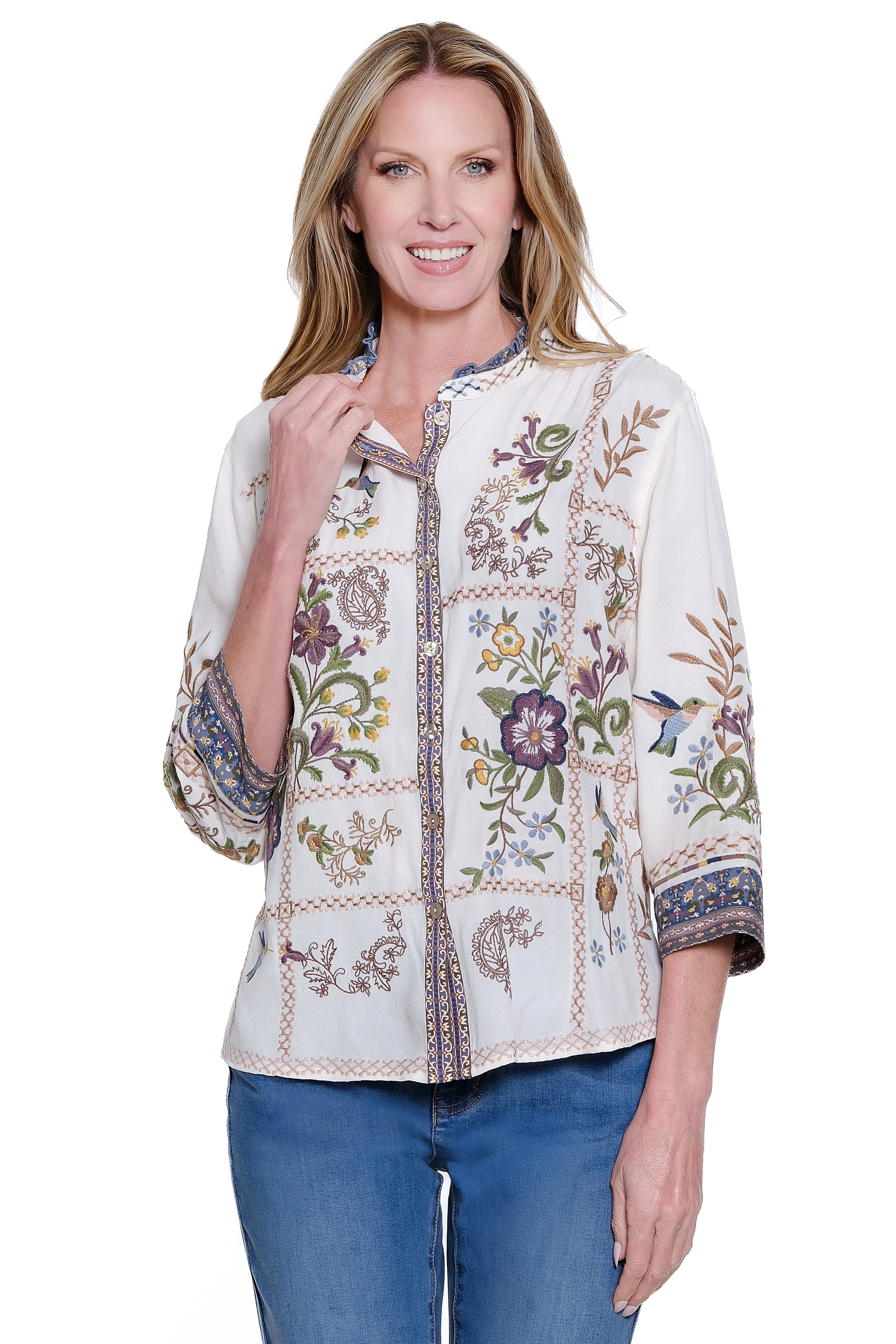 Embroidered 3/4 Sleeve Button Down Blouse with Ruffle Neck - White Blue
