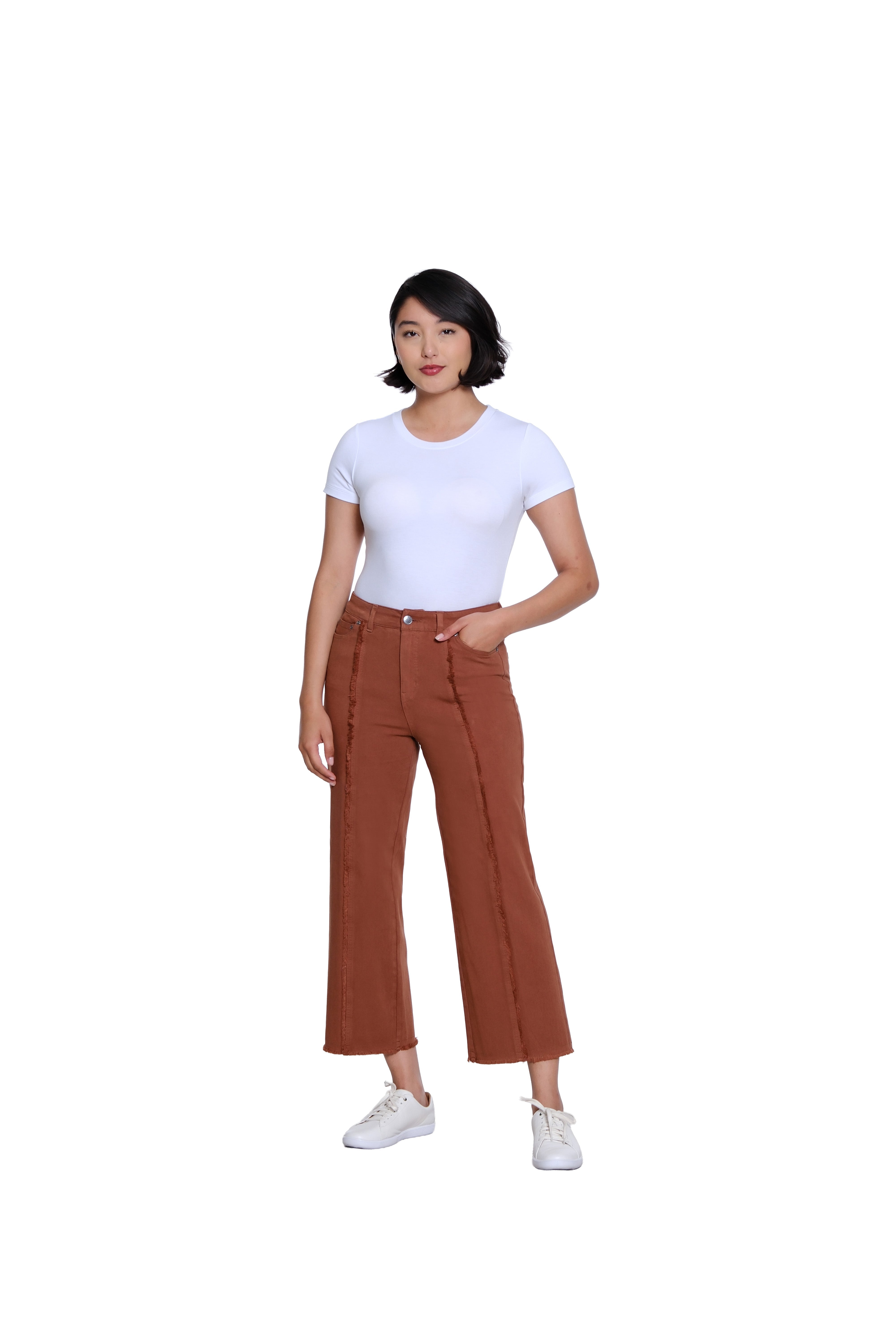 Zip/Button Front 5-Pocket Woven Crop Jean with Front Fringe Seam - Cocoa