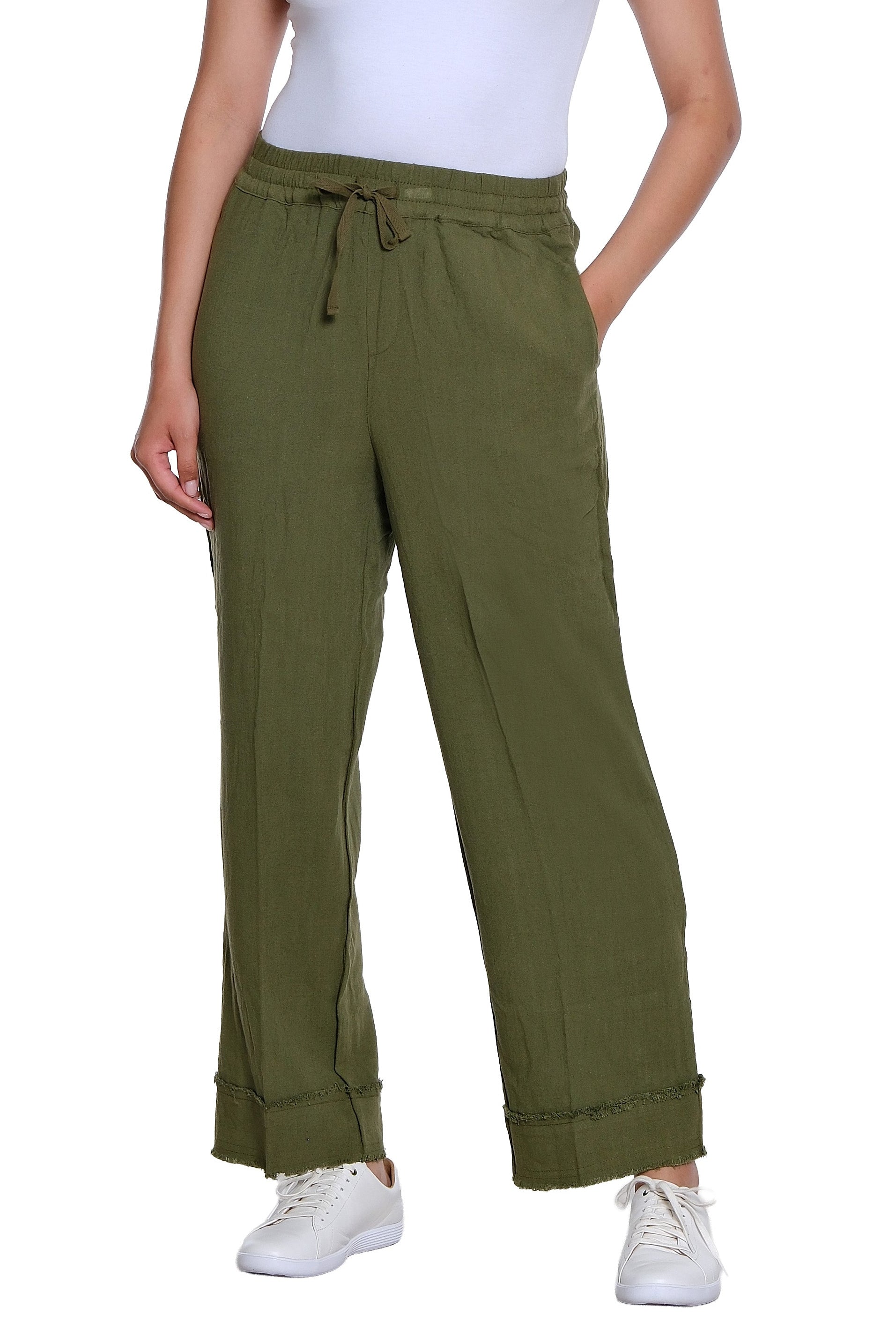 Drawstring Elastic Waist Pull On Woven Crop Pant with Fringe Hem Trim - Olive