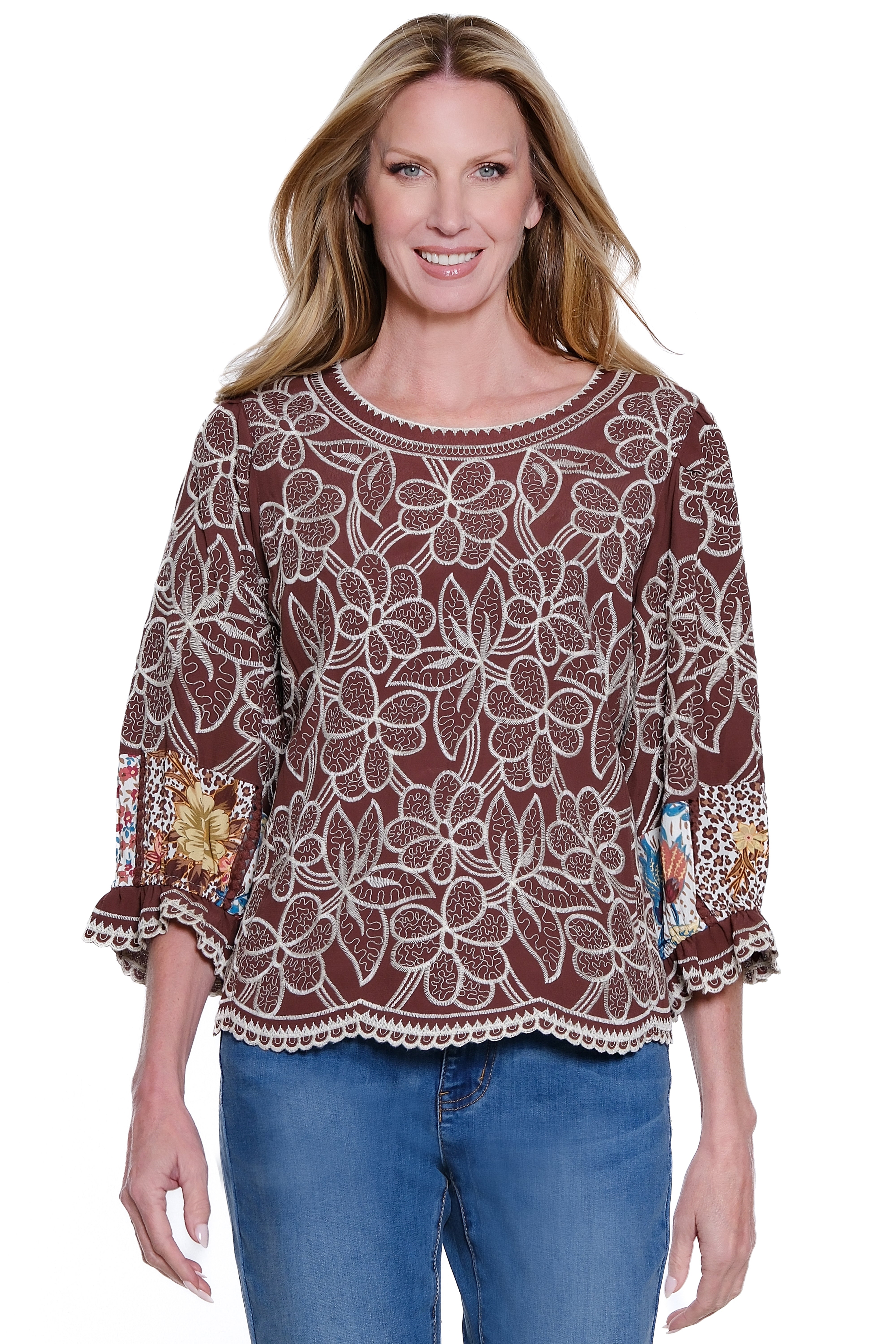 Embroidered 3/4 Sleeve Popover Top - Deep Brown