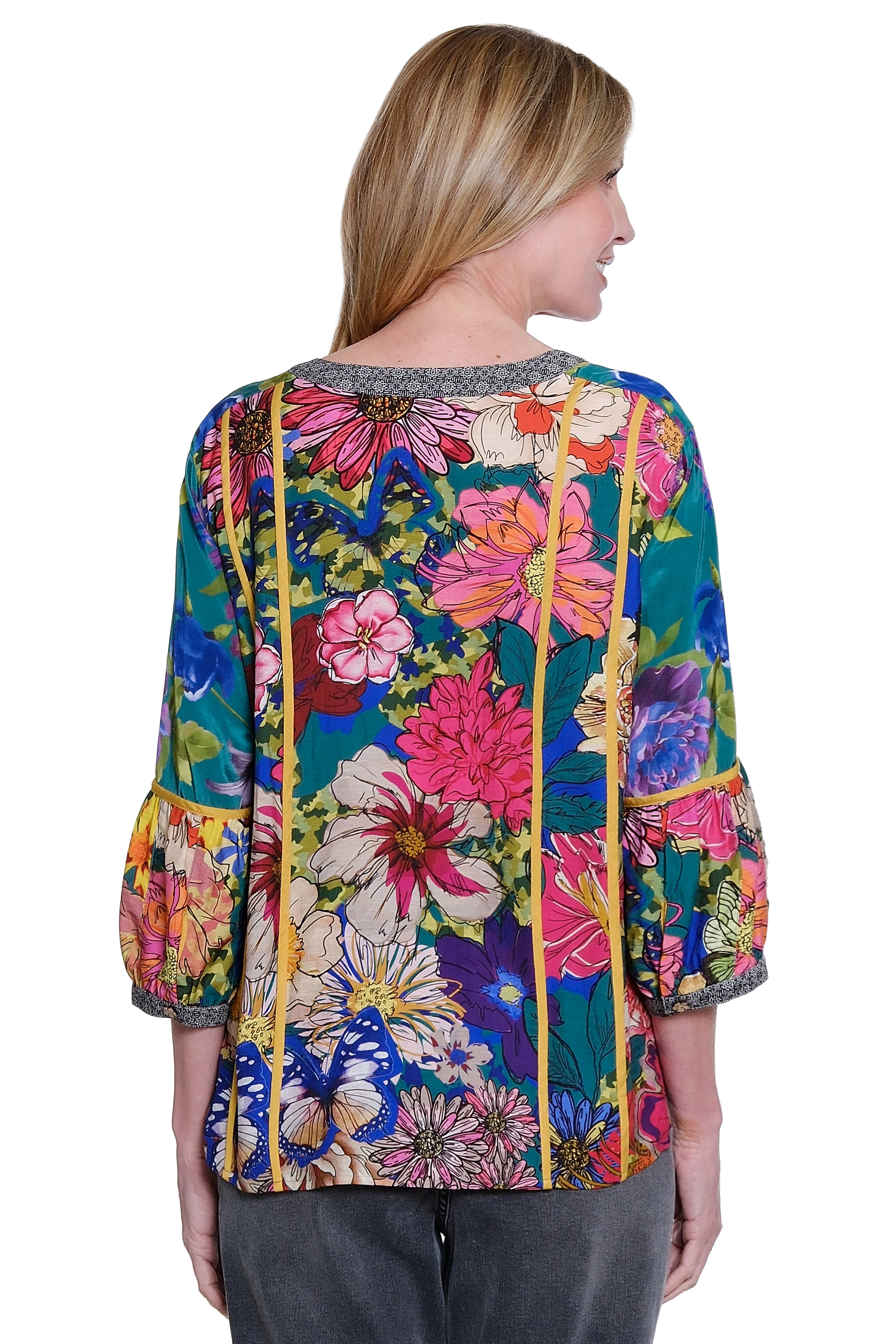 Mix Print 3/4 Sleeve Button Down Blouse - Floral Multi - view 2