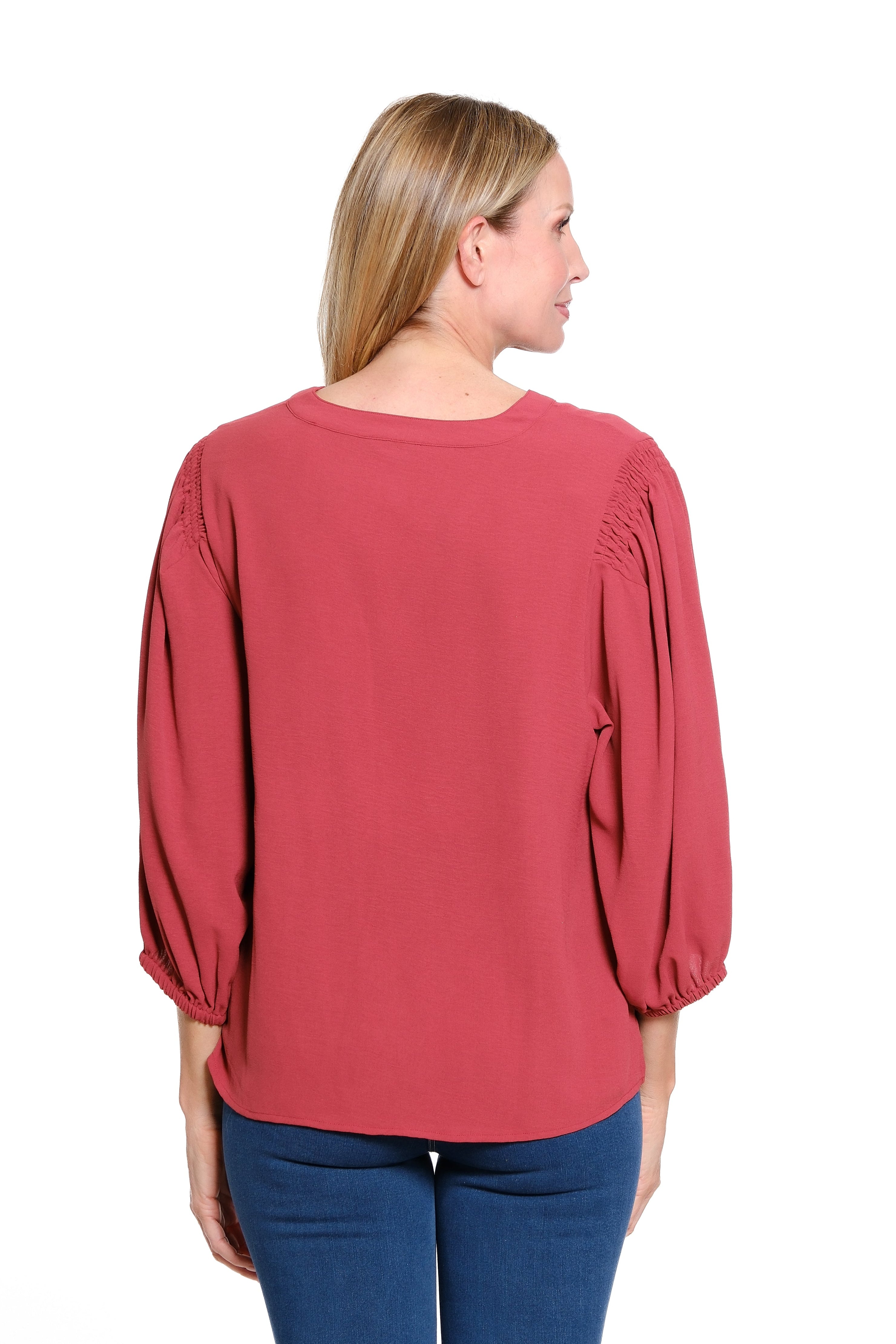Puff Sleeve Banded V-Neck Solid Crinkle Woven Top - Brick - view 2