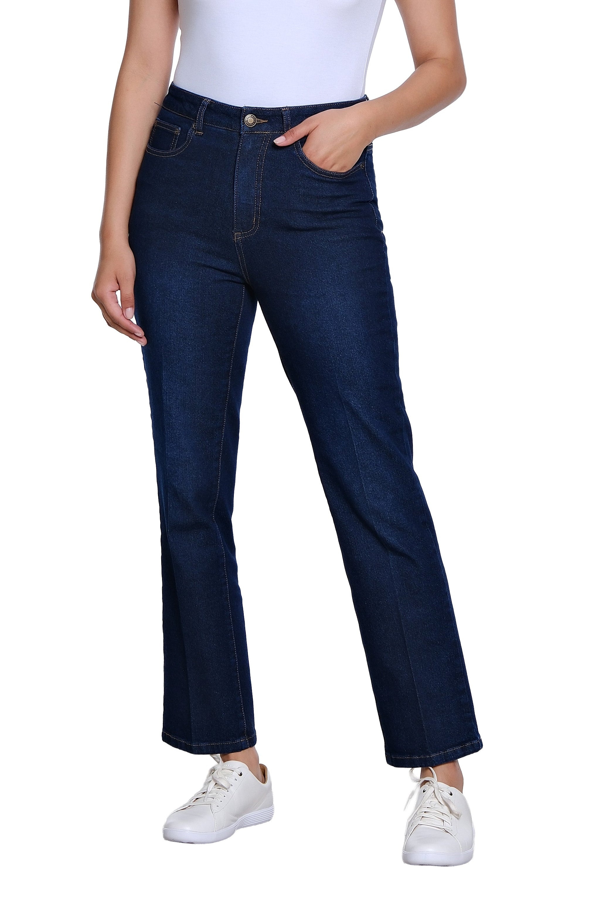 Zip and Button Front 5-Pocket Boot Cut Woven Jean Ankle Pant - Midnight Indigo