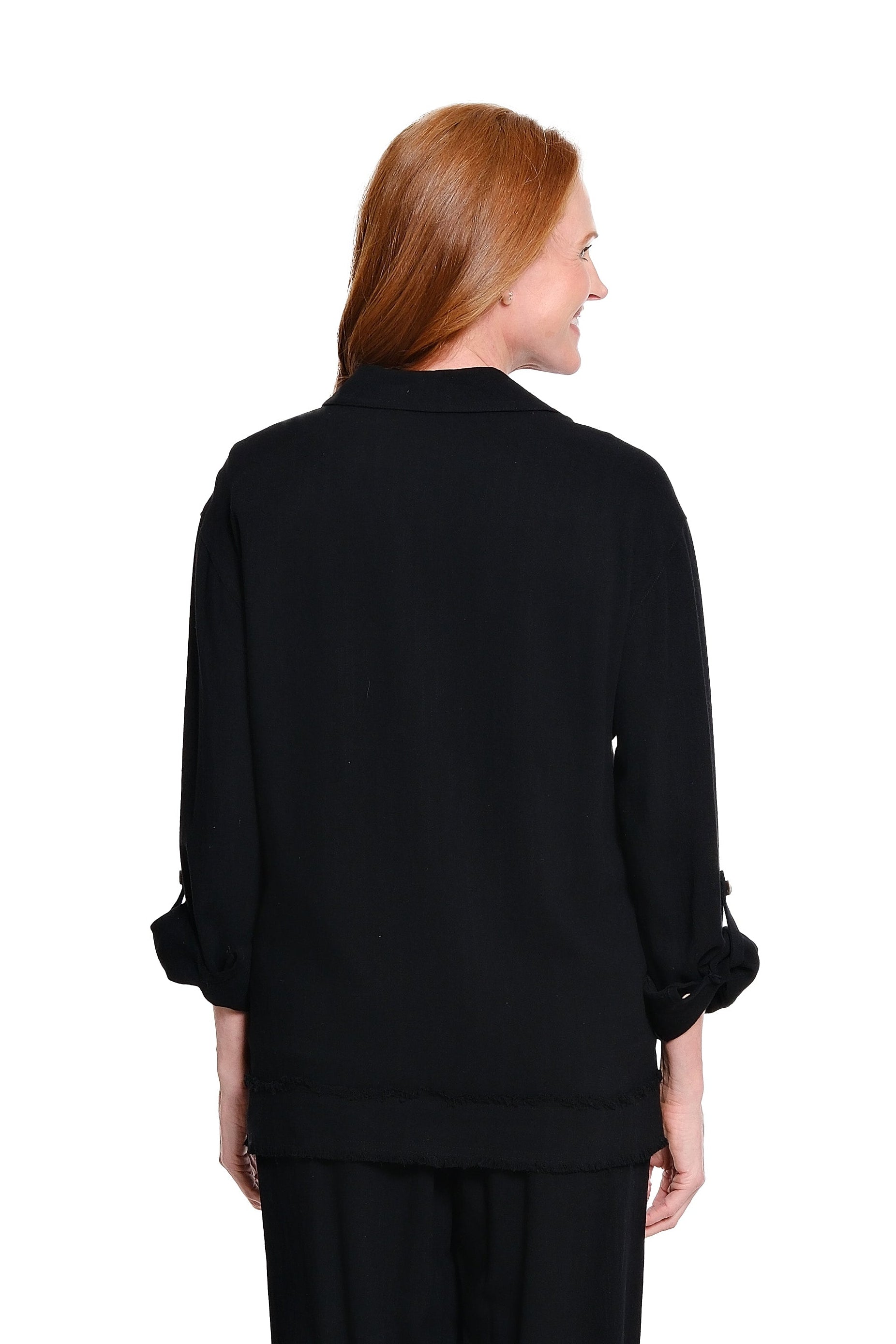 Roll Tab Cuffed Long Sleeve 1-Pocket Button Front Fringe Trim Woven Shirt - Black - view 2
