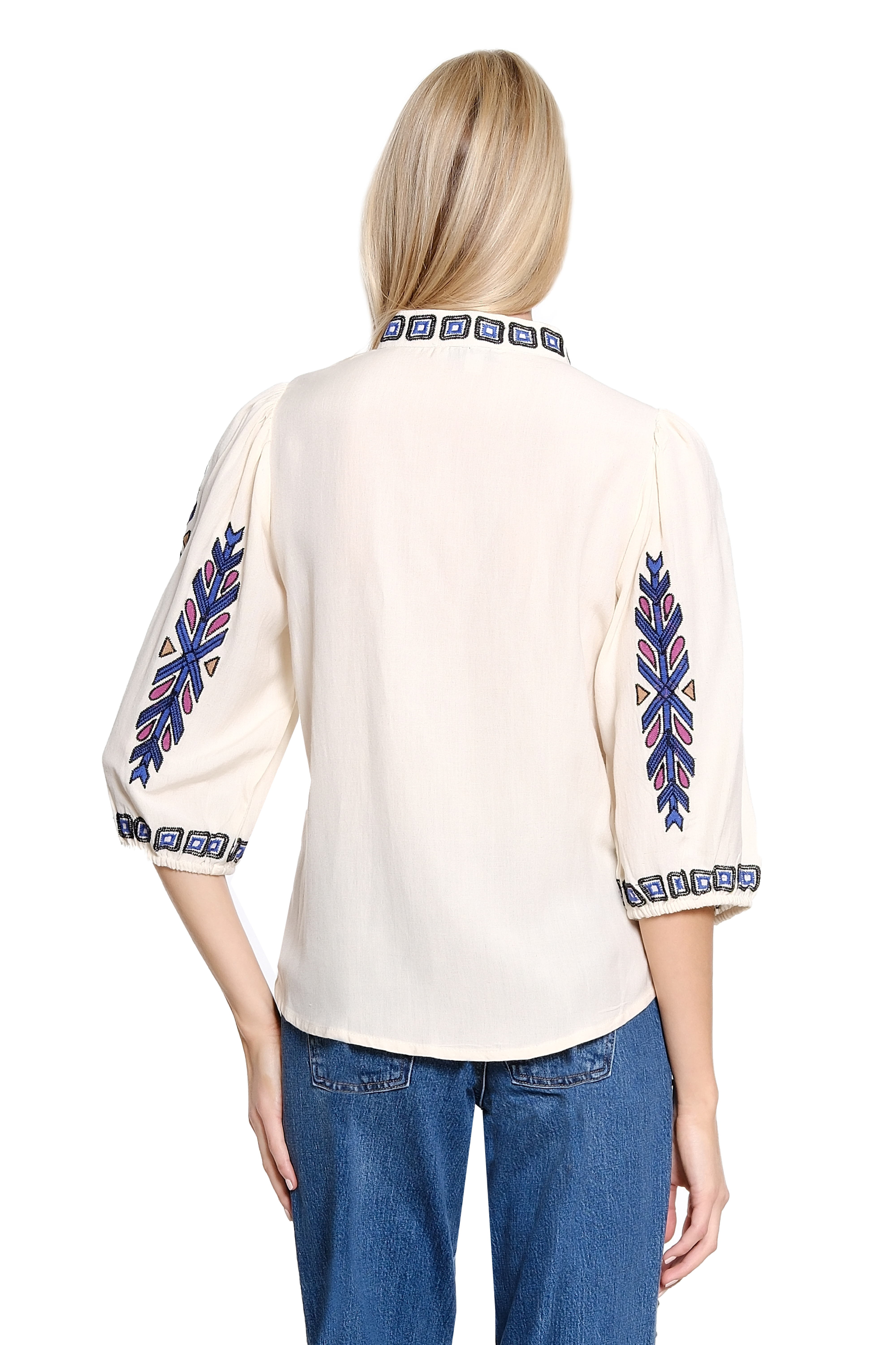 Stand Collar Split Neck Top with Embroidery - Natural - view 2