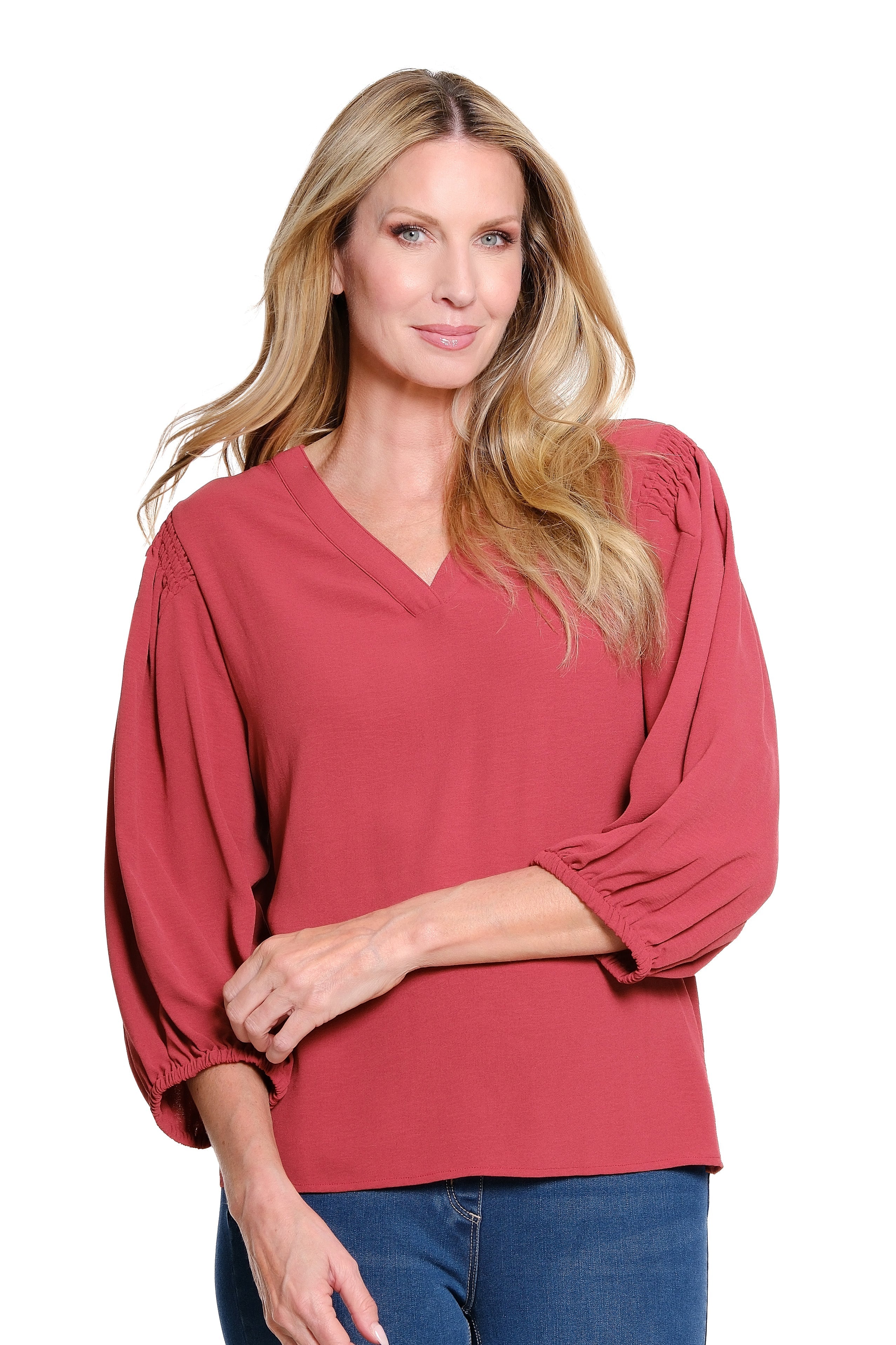 Puff Sleeve Banded V-Neck Solid Crinkle Woven Top - Brick