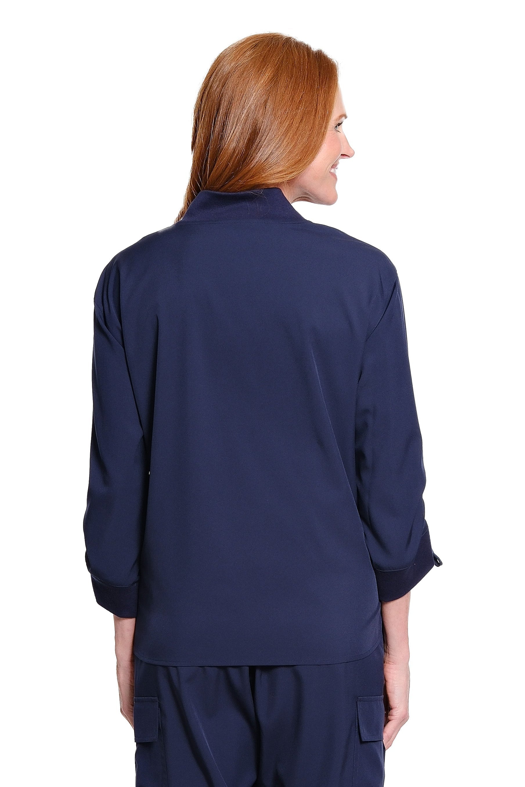 3/4 Drawstring Sleeve Zip Front Stand Collar Hi-Lo Woven Top - Midnight - view 2