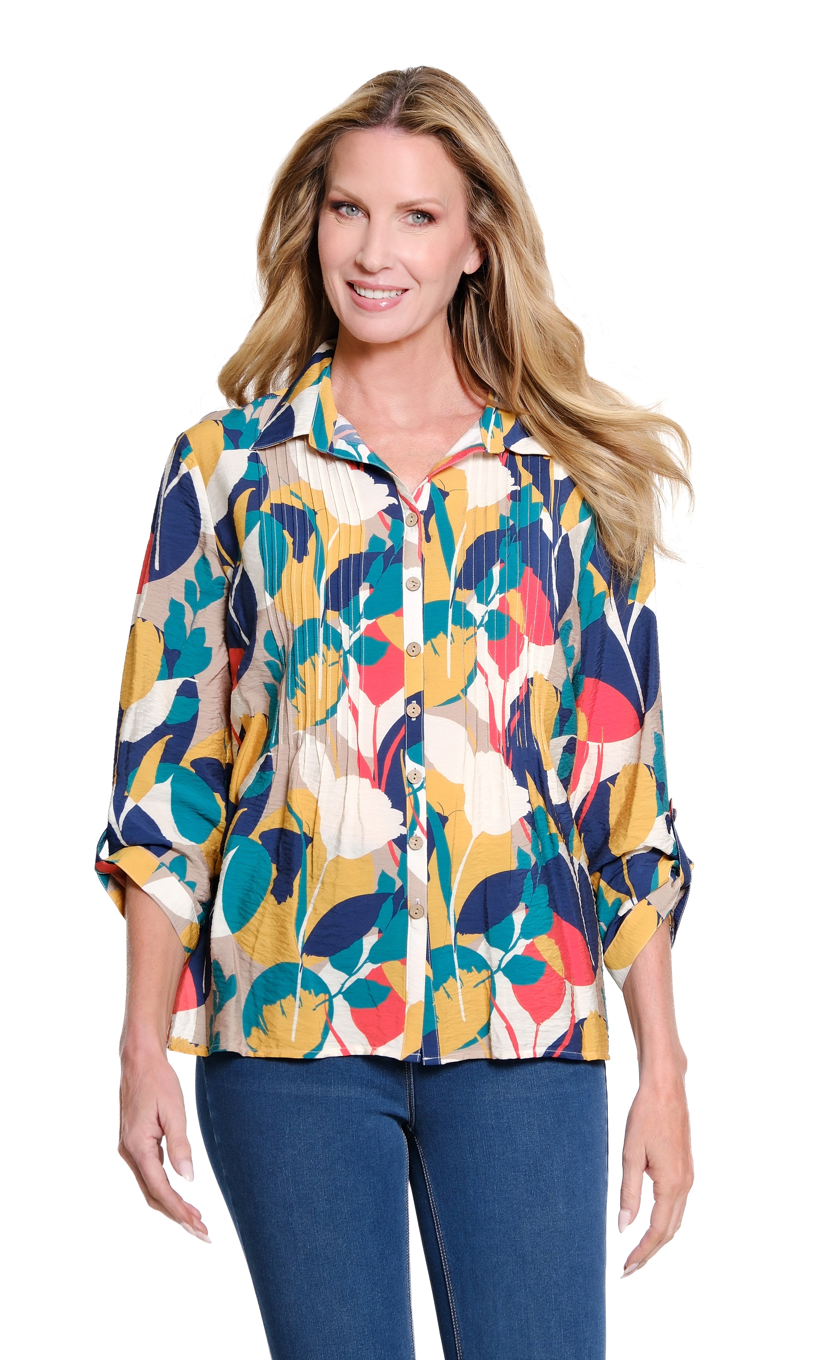 Cinched Tab Cuffed 3/4 Sleeve Multi-Tuck Button Front Crinkle Woven Shirt - Circle Multi
