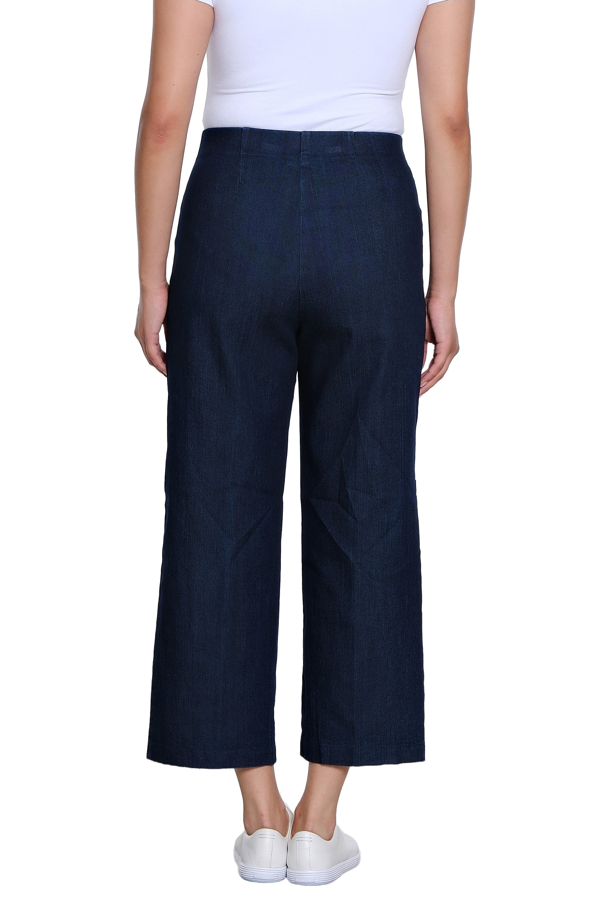 Elastic No Waist Front Patch Pocket Pull On Wide Leg Woven Crop Pant - Denim - view 2