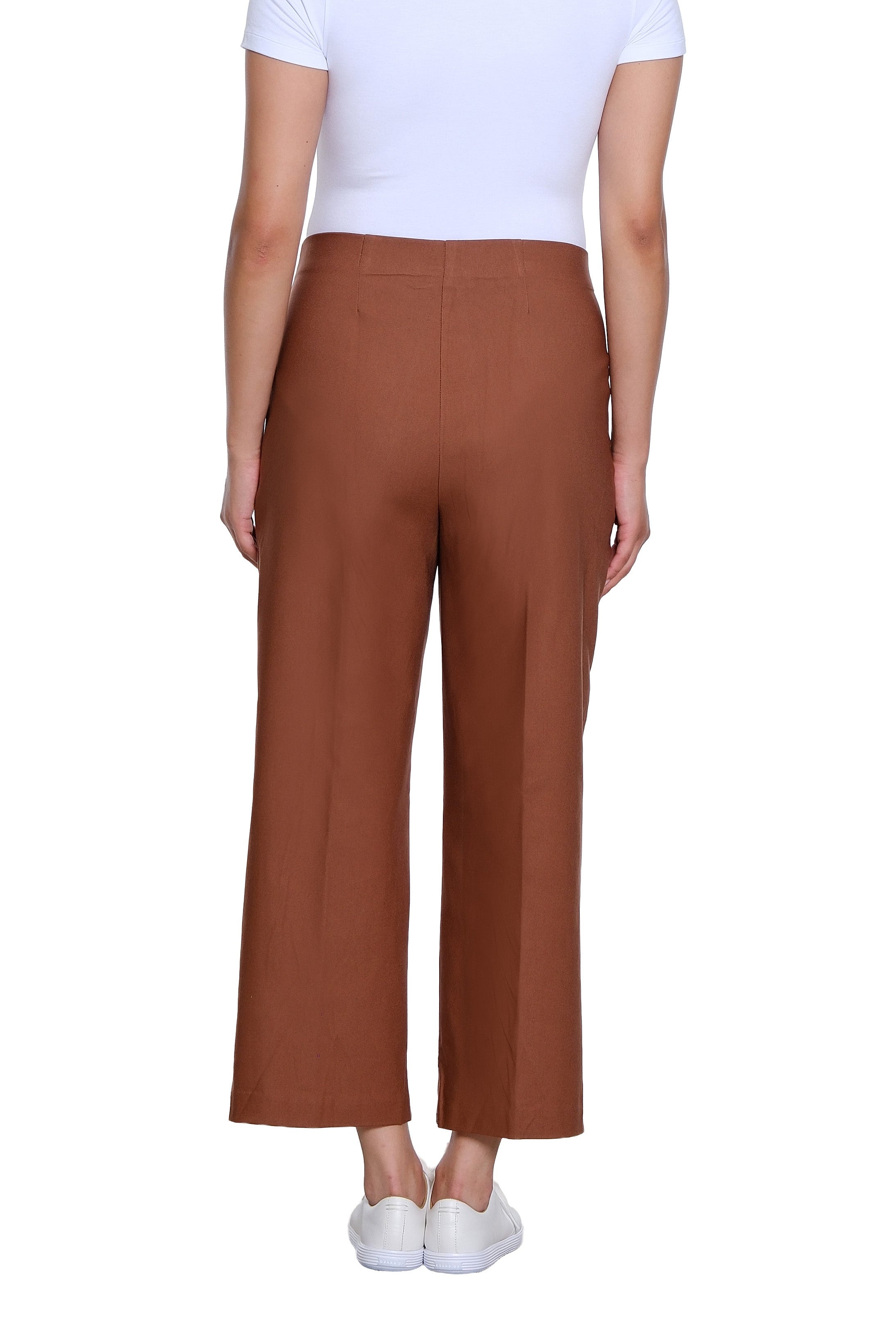 Elastic No Waist Front Patch Pocket Pull On Wide Leg Woven Crop Pant - Cocoa - view 2