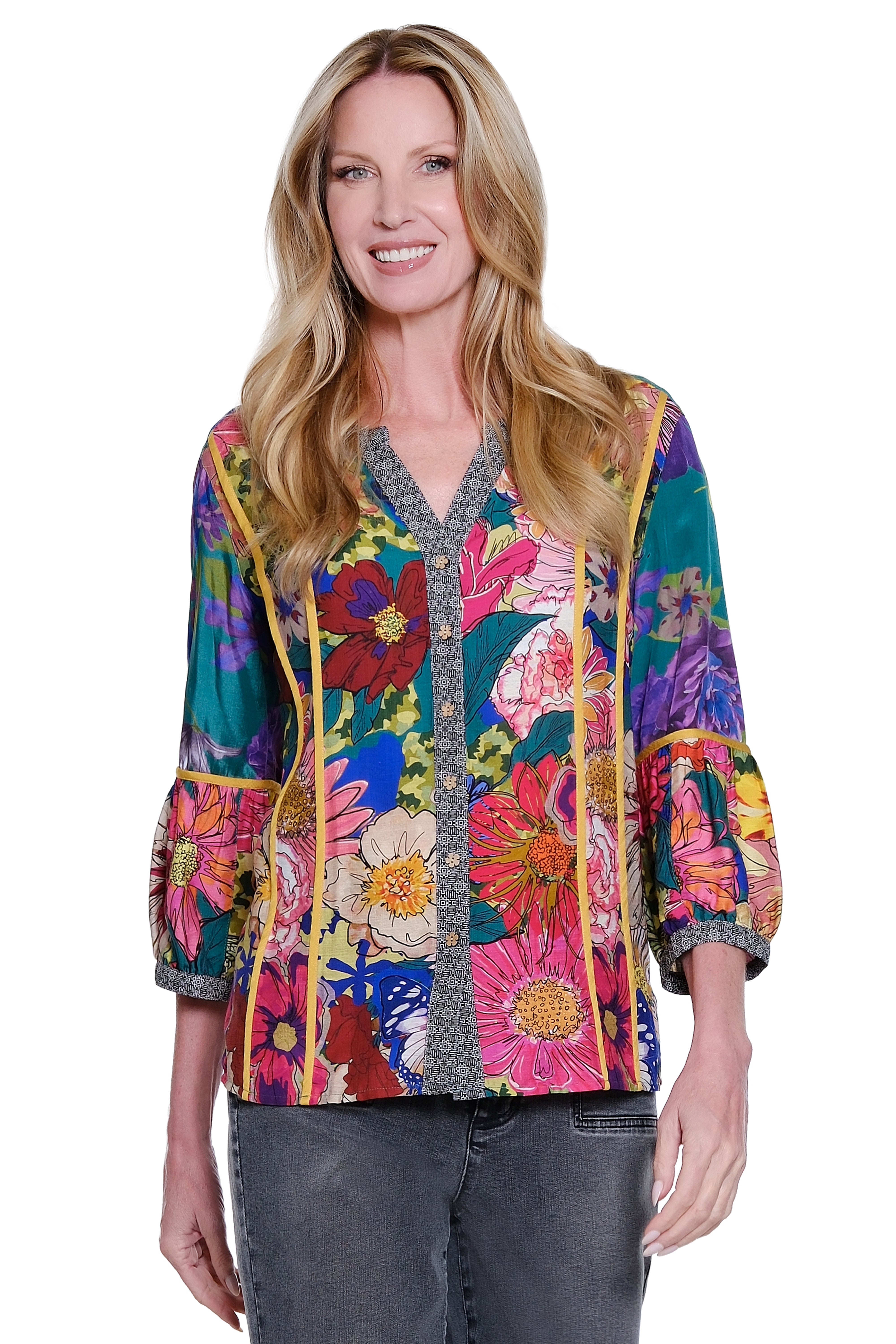 Mix Print 3/4 Sleeve Button Down Blouse - Floral Multi