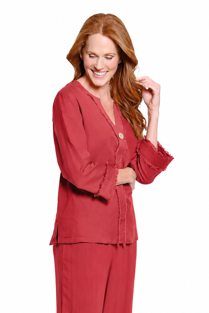 3/4 Sleeve Drop Shoulder Y-Neck 1-Button Pull On Woven Top - Brick